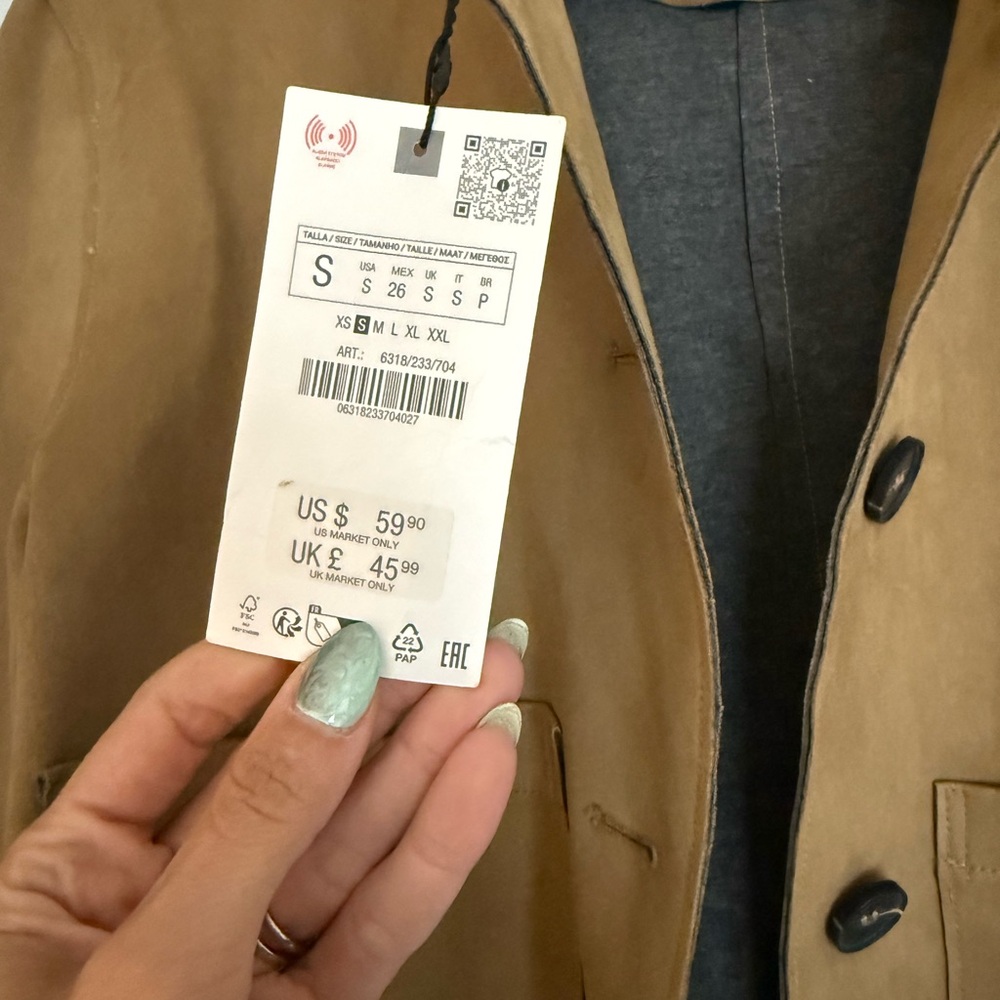 Zara Beige Button-Up Faux Suede Jacket Small NWT - Picture 4 of 5